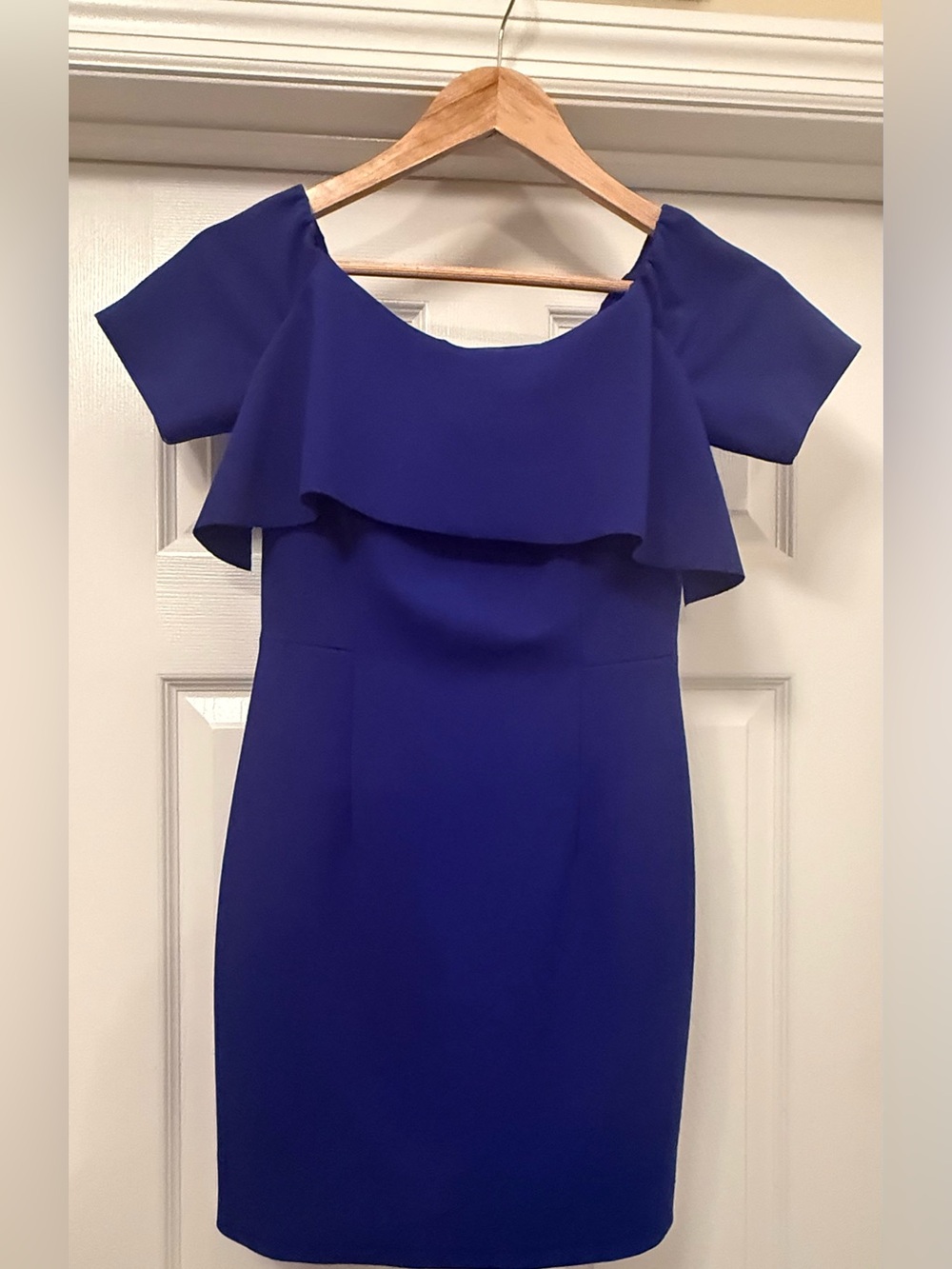 ANTONIO MELANI Cobalt Blue Off-Shoulder Ruffle Midi Dress